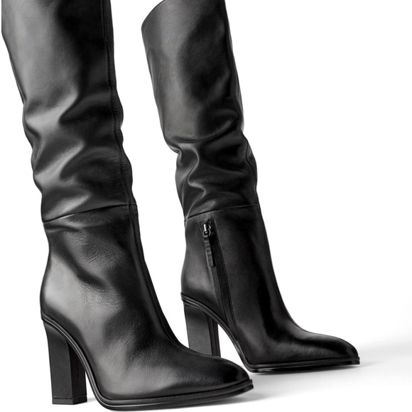 ZARA Slouchy Heeled High Shaft Leather Boots - Picture 5 of 7